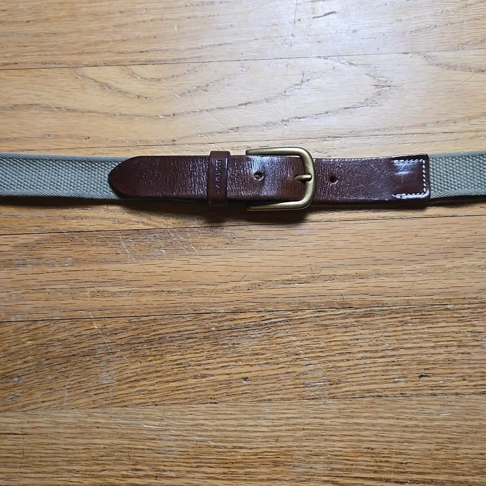 Eddie Bauer US made green canvas brown leather brass buckle belt, sz 39